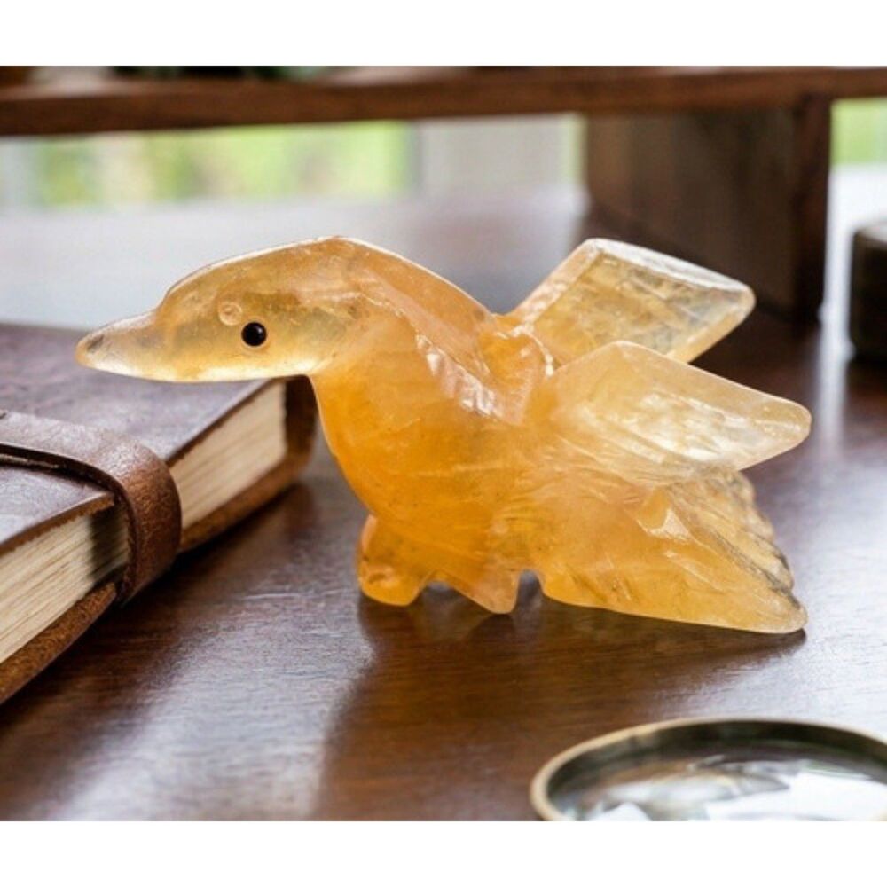 Carved Yellow Quartz Calcite Duck Swan Tiger Eye collectible figurine handmade